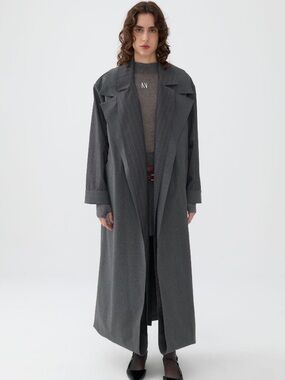 Women's Long Grey Trench Coat with Wide Lapels